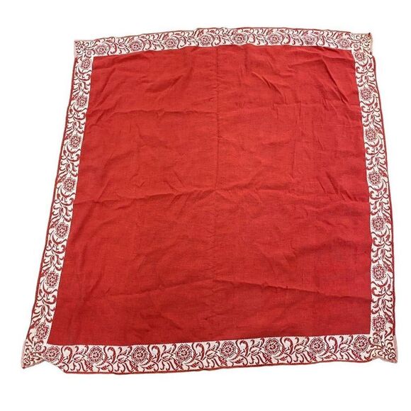 Vintage linen blend red white table cloth 4’x4’ square picnic boho boudoir regal